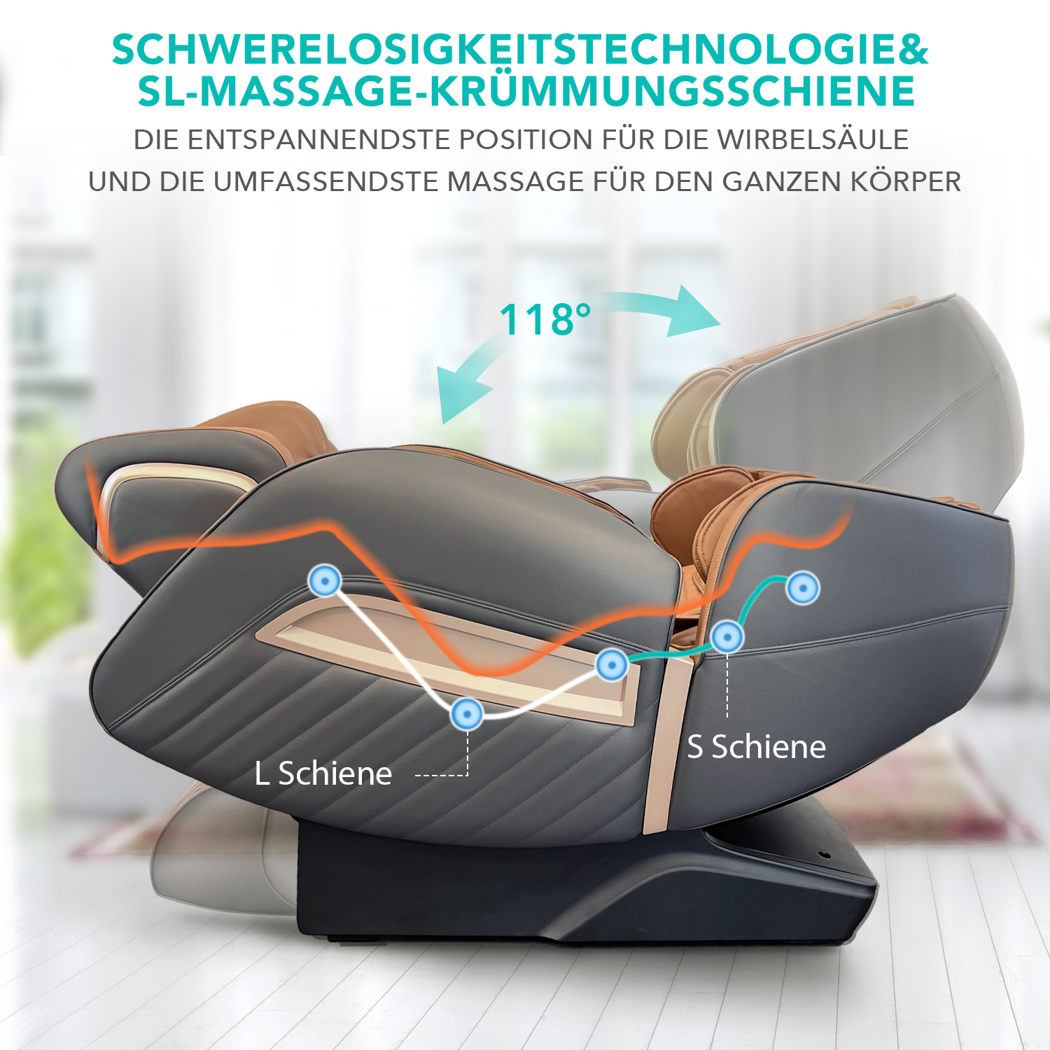 Fauteuil de massage NAIPO® Shiatsu avec fonction de chaleur, gravité zéro, sans repose-pieds, idéal pour un usage commercial et privé, lumière ambiante
