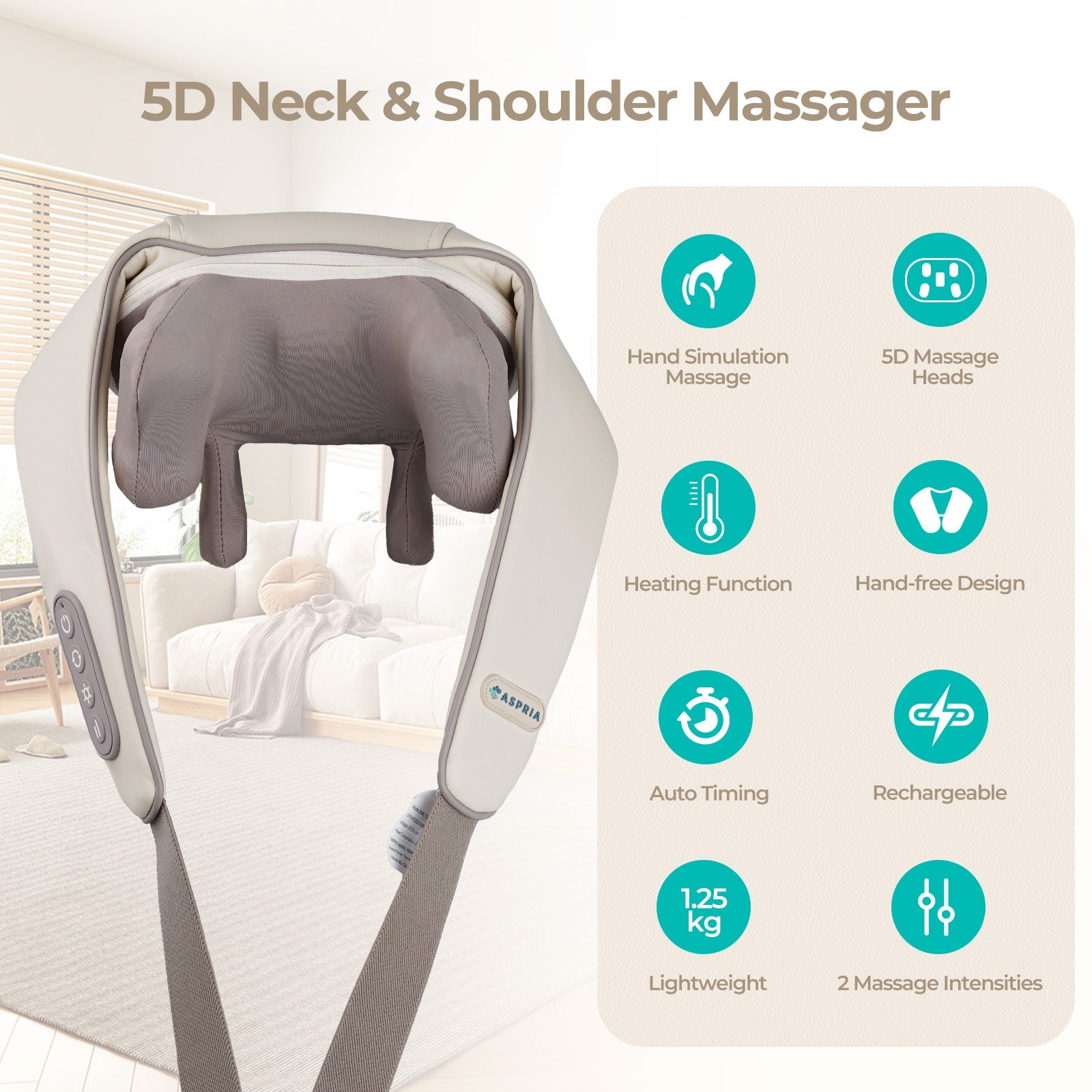 ASPRIA by NAIPO Masseur de cou Shiatsu 5D avec masseur d'épaule portable rechargeable à la chaleur pour massage du cou, des épaules, du dos, des jambes et de tout le corps, Beige
