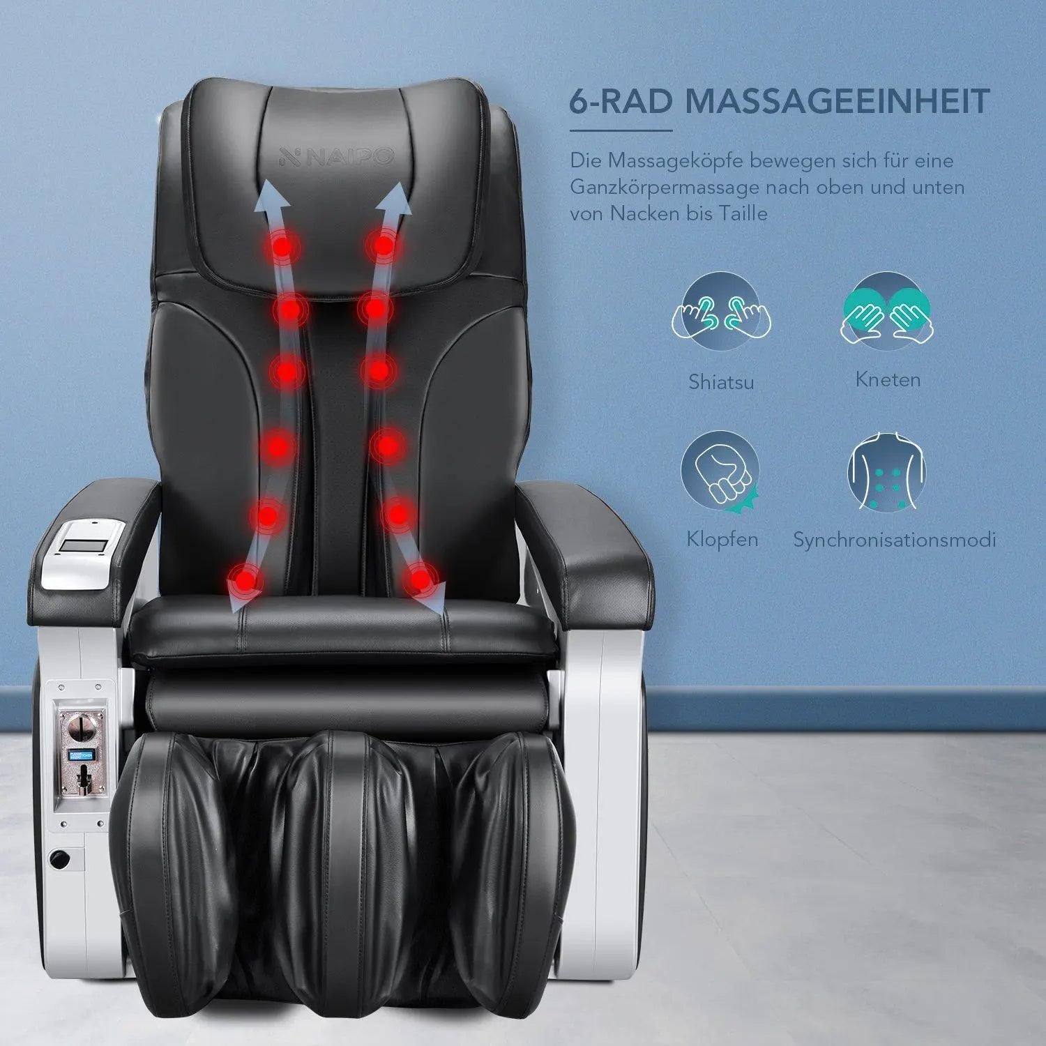 Fauteuil de massage à jetons NAIPO, fauteuil de massage shiatsu, double système de sécurité, commercial, affichage numérique