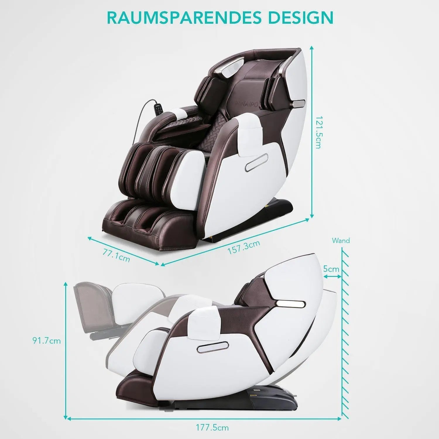NAIPO Premium 4D Massage Chair Heat Function, Shiatsu, Zero Gravity, Bluetooth Surround Sound, Marron/Blanc