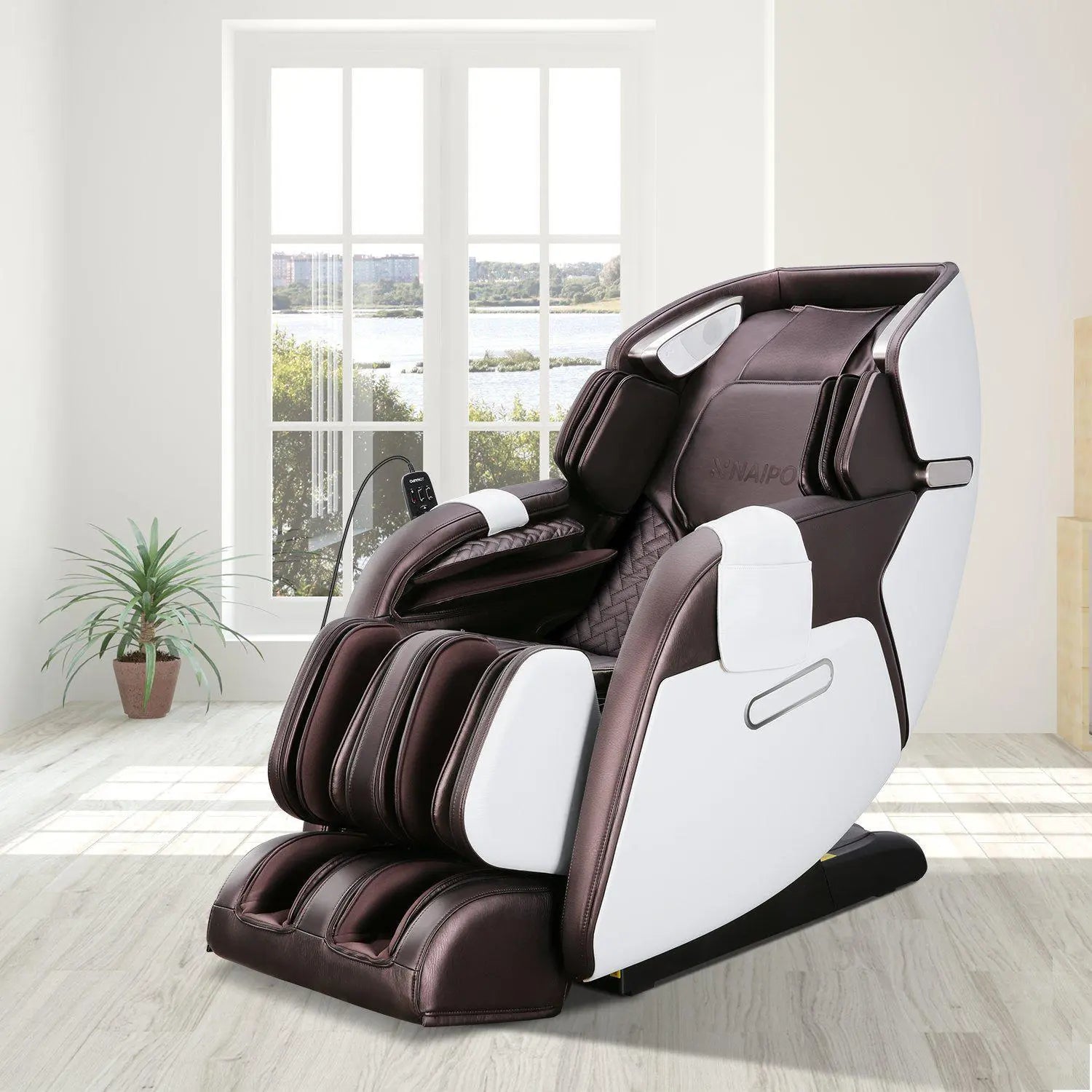 NAIPO Premium 4D Massage Chair Heat Function, Shiatsu, Zero Gravity, Bluetooth Surround Sound, Marron/Blanc