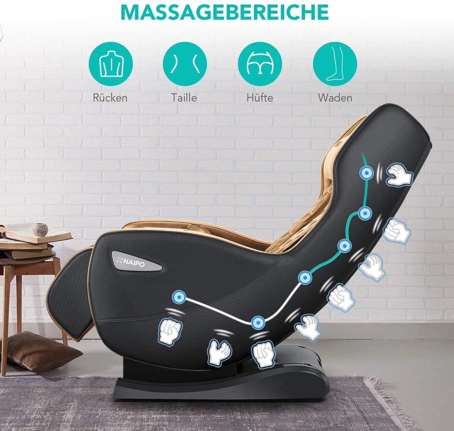 Fauteuil de massage premium NAIPO, prix du design, Bluetooth, fonction inclinable, gain de place, marron