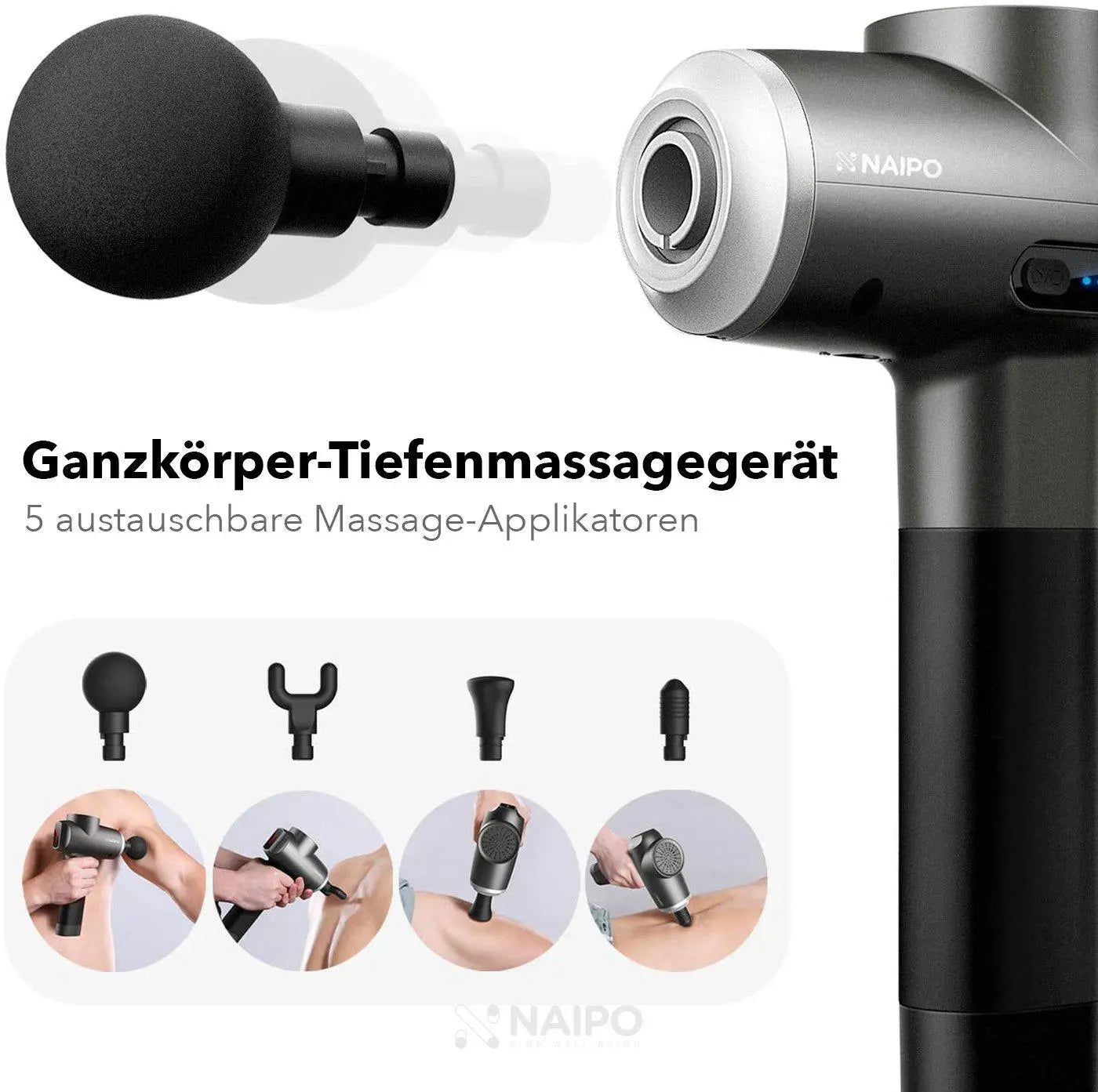 NAIPO® Pro - pistolet de massage, intensité réglable, avec 5 accessoires pour le cou, les épaules, le dos