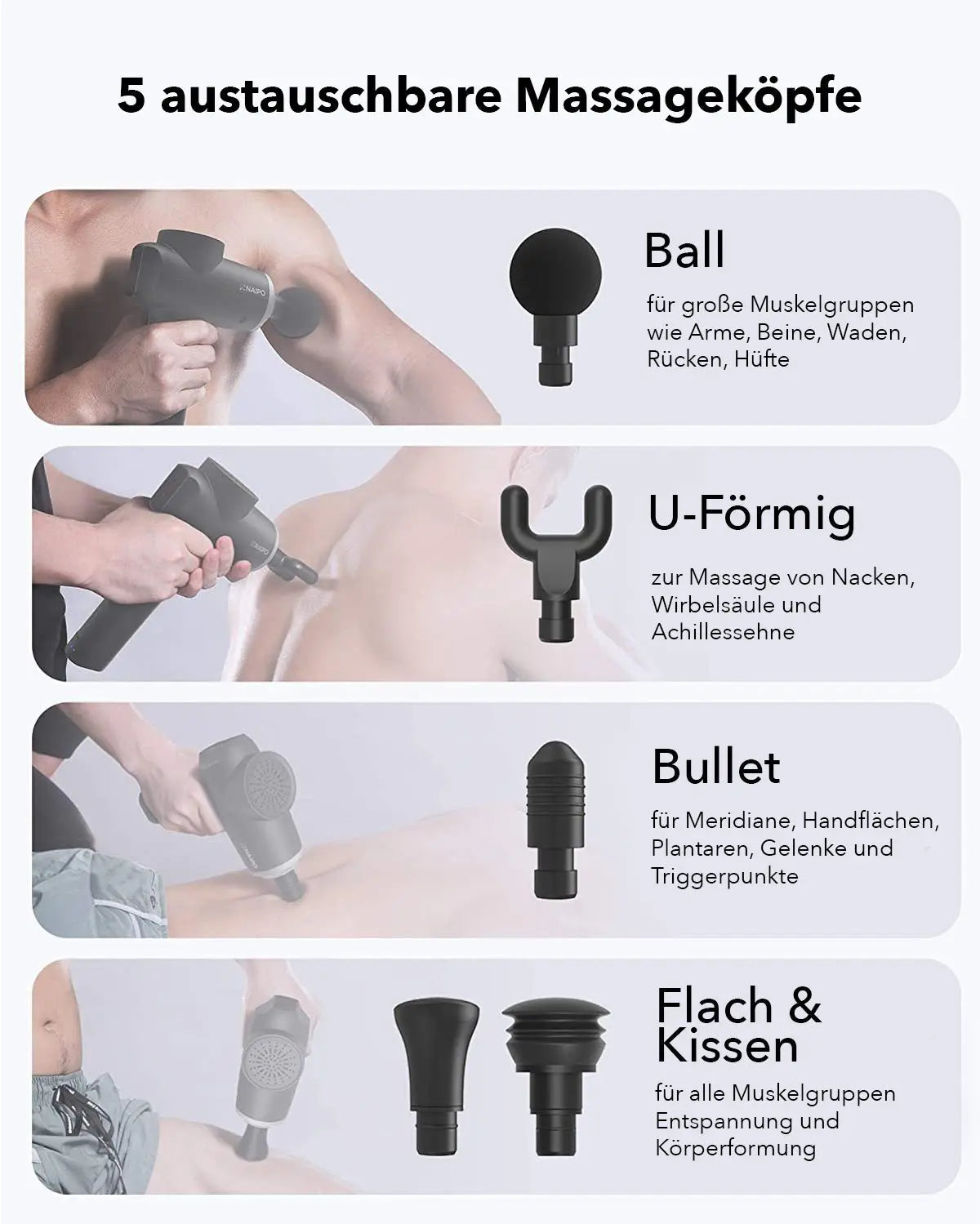 NAIPO® Pro - pistolet de massage, intensité réglable, avec 5 accessoires pour le cou, les épaules, le dos